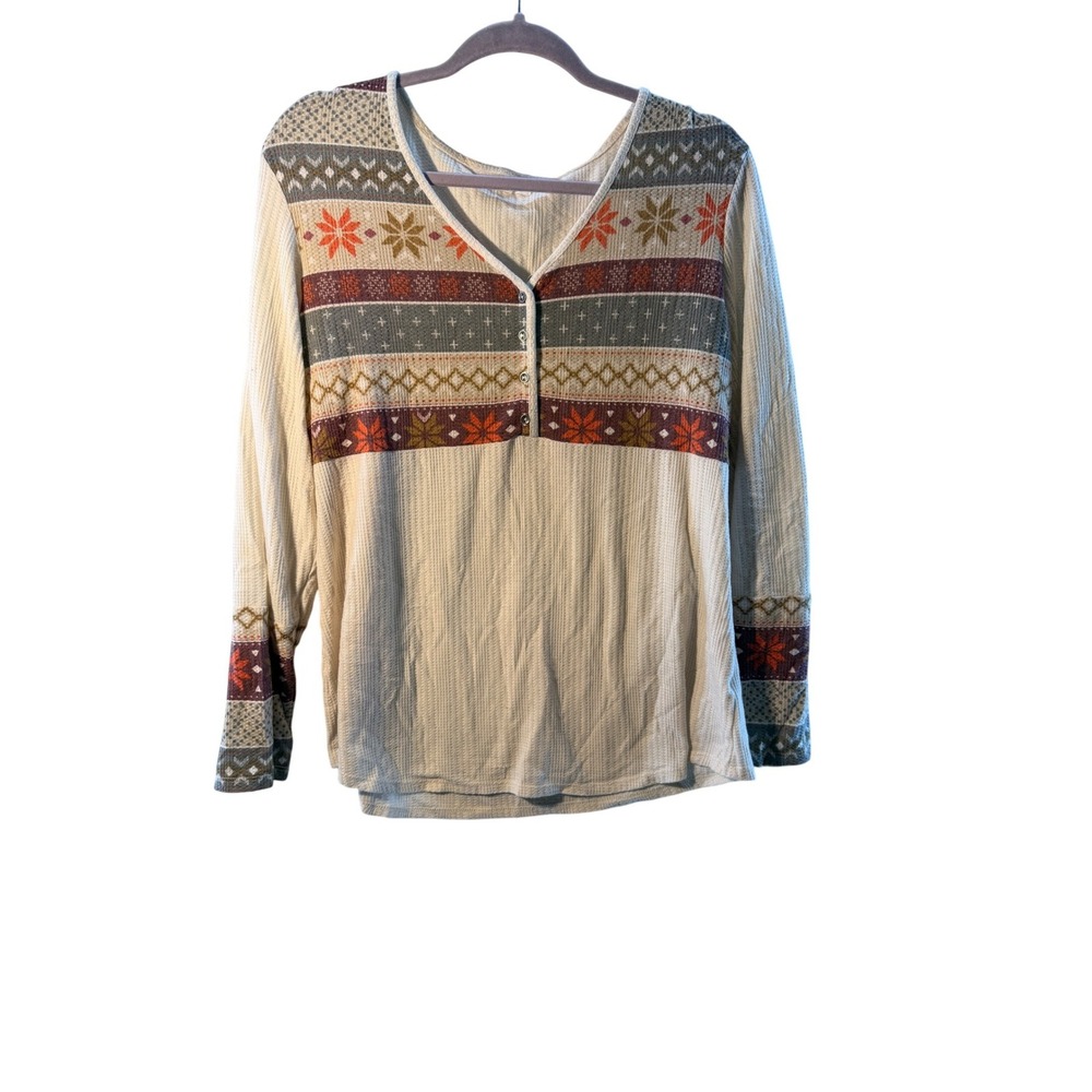 Maurices Womens Thermal Henley Tunic Top Fair Isle Geometric‎ Print Cream XXL